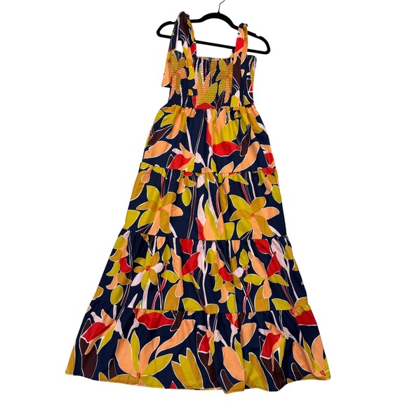 Target Dresses & Skirts - Tropical Floral Smocked Maxi Dress Tie Shoulder Tiered Navy Yellow Orange Large